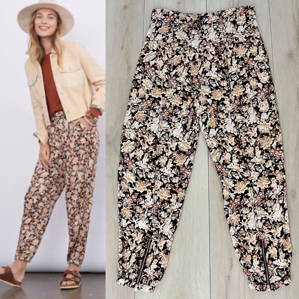Anthropologie Diandra Pleated Joggers 100% Rayon Floral Coquette Pants Size 2P